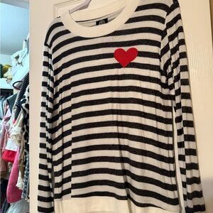 Bobeau Black and White Striped Top with Red Heart